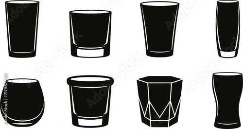 Set of black and white drinking glass silhouettes showing diverse shapes for beverage design and presentation concepts