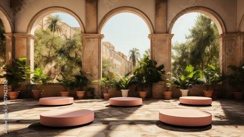 A sunlit courtyard with arched doorways revealing views of lush foliage and a distant cityscape, featuring soft pink circular seating elements, inviting relaxation and contemplation