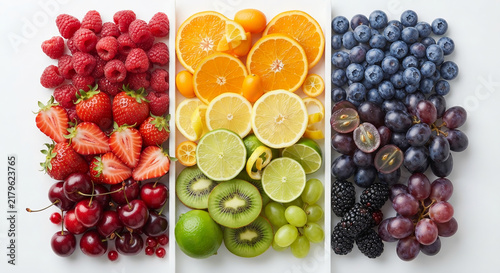Fresh Assortment of Colorful Fruits and Berries on White Background with Apples, Grapes, Strawberries, Raspberries, Cherries, Plums and Orange for Healthy Eating