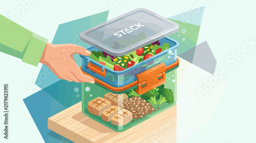 Hand holding stacked reusable glass meal prep containers filled with fresh salad, grilled tofu, and healthy greens