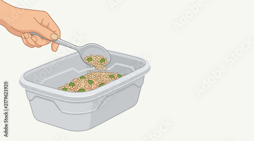 Human hand using spoon to portion healthy brown rice and green peas into a plastic meal prep container