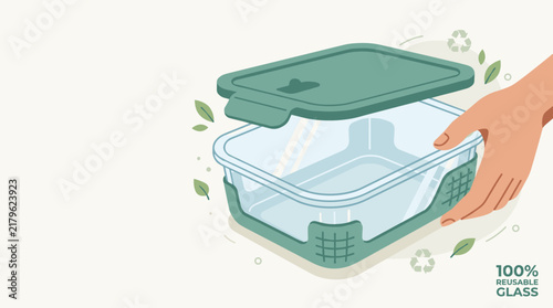 Minimalist vector illustration of a hand holding a reusable glass food storage container for sustainable zero waste living