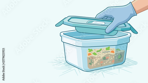 Professional food storage illustration showing a gloved hand opening a transparent container with healthy vegetable and grain meal