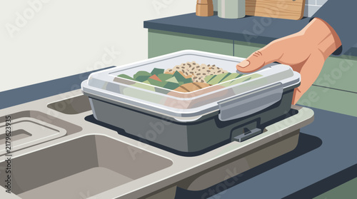 Hand placing a healthy meal prep container with fresh vegetables and grains into a kitchen storage tray illustration