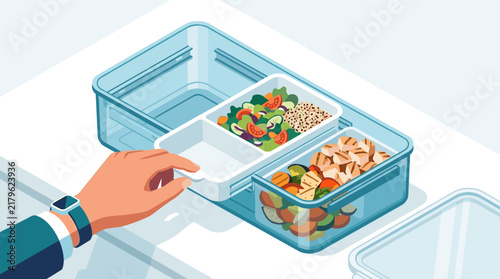 Modern isometric illustration of a hand reaching for a healthy meal prep container with chicken, salad, and vegetables