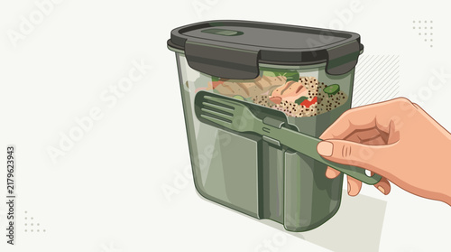 Reusable meal prep container with healthy food and a hand holding a snap-on fork in flat vector style