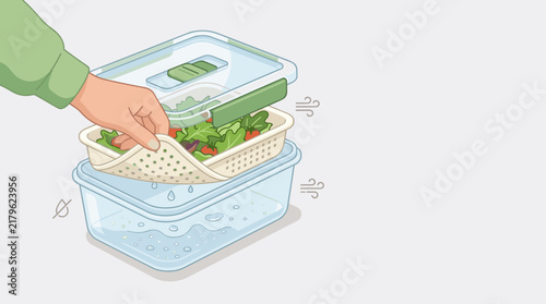Hand lifting a vegetable storage container insert to drain water from fresh salad greens in a clean vector style