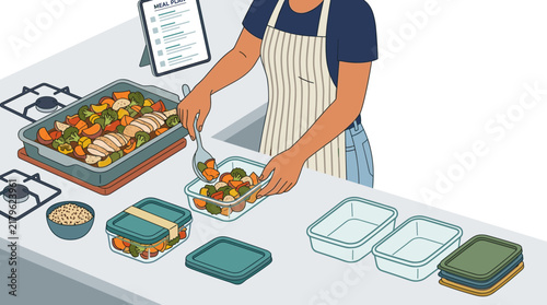 Modern flat illustration of a person meal prepping healthy roasted chicken and vegetables into glass containers following a digital plan