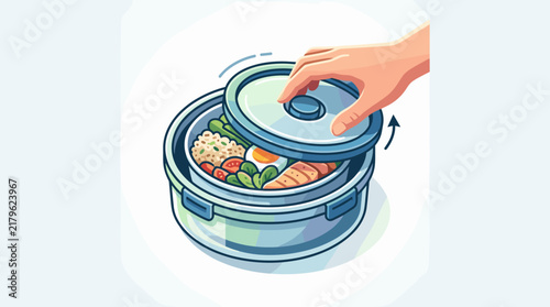 Healthy meal prep concept featuring a hand opening a round lunch box with rice, egg, and grilled chicken
