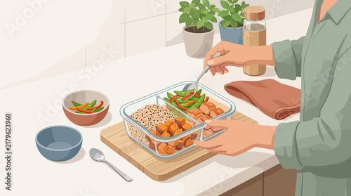 Healthy meal prep illustration featuring a person organizing glass containers with salmon, quinoa, sweet potatoes, and fresh vegetables