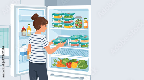 Young woman organizing healthy meal prep containers in a modern open refrigerator with fresh vegetables and groceries