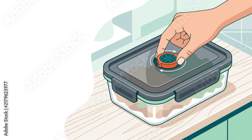 Flat vector illustration of a hand adjusting an air vent on a glass food container for kitchen storage
