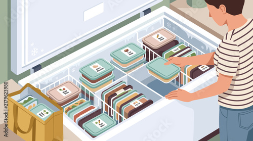 Modern illustration of a person organizing labeled meal prep containers in a chest freezer for efficient home management