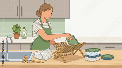 Young woman in green apron drying eco-friendly glass food containers on a wooden rack in a clean kitchen