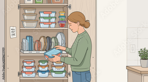 Woman organizing glass food storage containers in a tidy kitchen pantry for meal prep planning and home efficiency