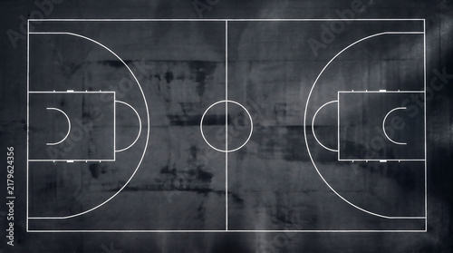 Basketball court diagram on black chalkboard background