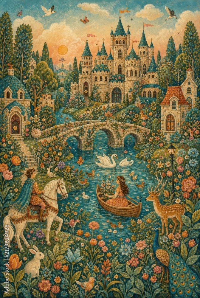 Fototapeta premium Whimsical fairytale castle with nature and animals.
