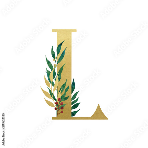 Golden Latin letter L in vintage church style with floral composition isolated