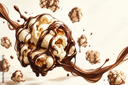 Luxury hand-drawn chocolate popcorn illustration with glossy drizzle and refined confectionery styling.