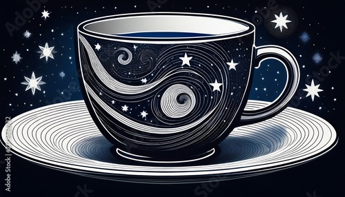 black teacup with starry night design on saucer