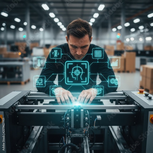 Close-up high angle photo of a male automation technician operating a parcel strapping apparatus with a futuristic blue holographic data interface overlay in a modern warehouse