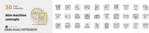 Set of thirty atm machine line art vector icons illustrating banking and financial transactions with currency