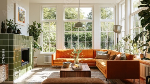 Bright living room features a vibrant tiled fireplace and orange sofa. Large windows offer garden views. Plants add greenery to the cozy interior space Generative Ai