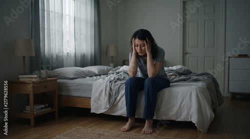 Horizontal photo of an exhausted woman sitting on the edge of her bed in the morning holding her head
