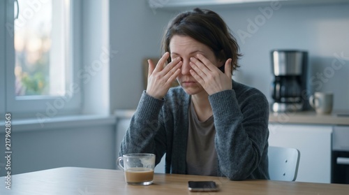 Horizontal photo of a tired woman rubbing her eyes with coffee mug and smartphone on a kitchen table
