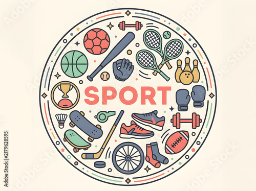 Sport equipment icons set in circular composition for fitness and athletic activity design