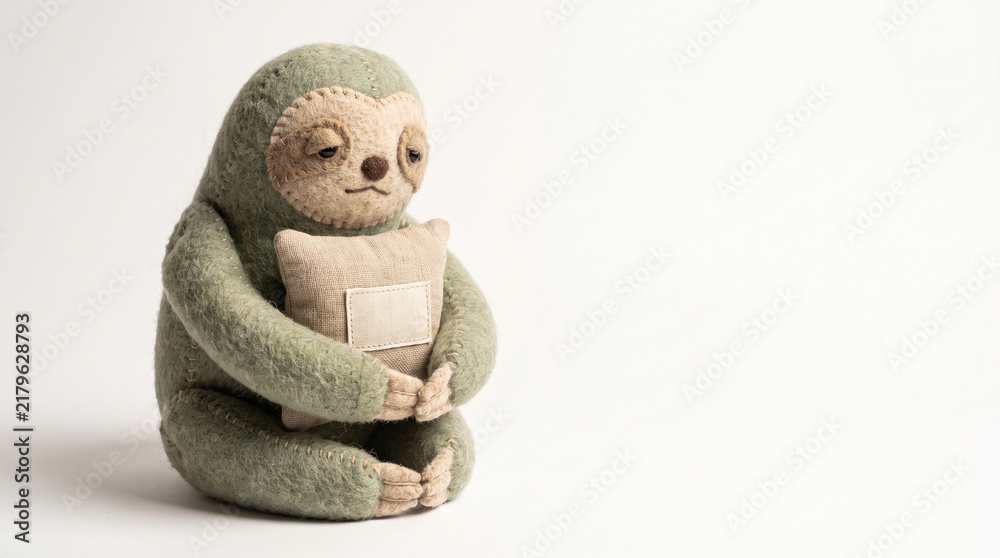 Fototapeta premium Plush sloth hugging beige pillow with gentle expression in minimalist studio setting