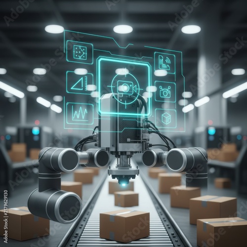 High-tech robotic verification unit scanning cardboard boxes on a conveyor belt with a blue holographic interface in a futuristic industrial warehouse environment