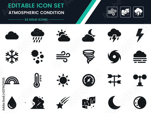 Foto Set of twenty-four solid icons representing various weather conditions and atmos