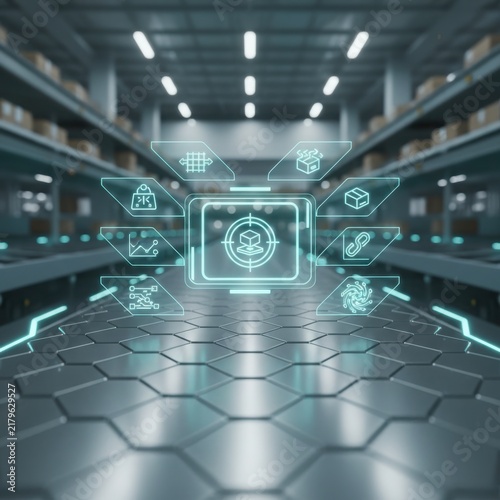 Futuristic holographic interface for smart parcel dispatch and package verification in a high-tech warehouse with hexagonal floors and digital data displays.