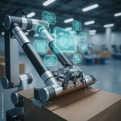 Close up of an advanced multi-axis industrial robot folding cardboard box flaps with a futuristic holographic digital interface showing analytics in a modern warehouse