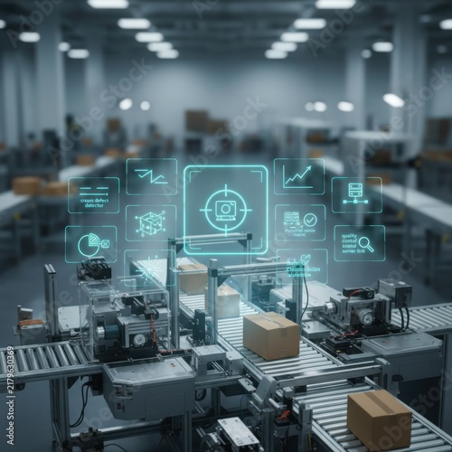 High-angle photorealistic view of an AI-guided parcel inspection platform with blue holographic data overlays on a conveyor belt in a modern smart factory