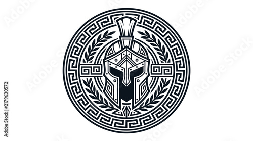 Foto Spartan Warrior Helmet Emblem Design with Greek Key Pattern and Laurel Leaves