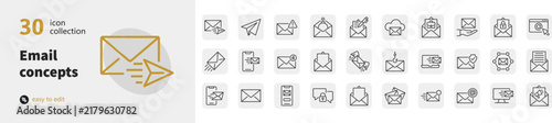 Set of thirty email concepts line art vector icons illustrating digital communication and messaging