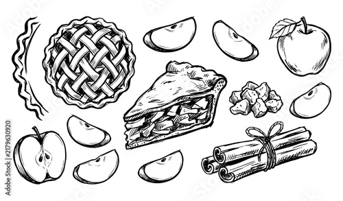 Rustic apple pie dessert ingredients hand drawn vintage vector set with apples and cinnamon
