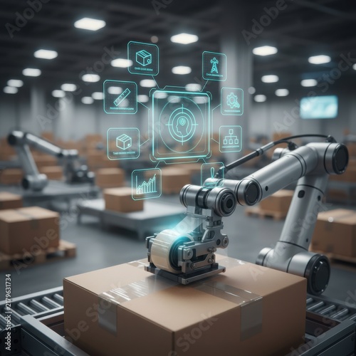 High-tech autonomous robotic arm sealing a cardboard package in a futuristic warehouse with a glowing blue holographic data interface and AI control system