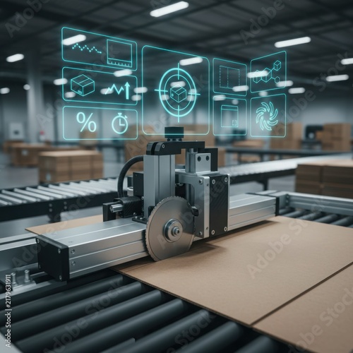 Photorealistic close-up of an intelligent robotic cutting system trimming brown cardboard on a warehouse conveyor belt, featuring a futuristic holographic interface for precision sizing