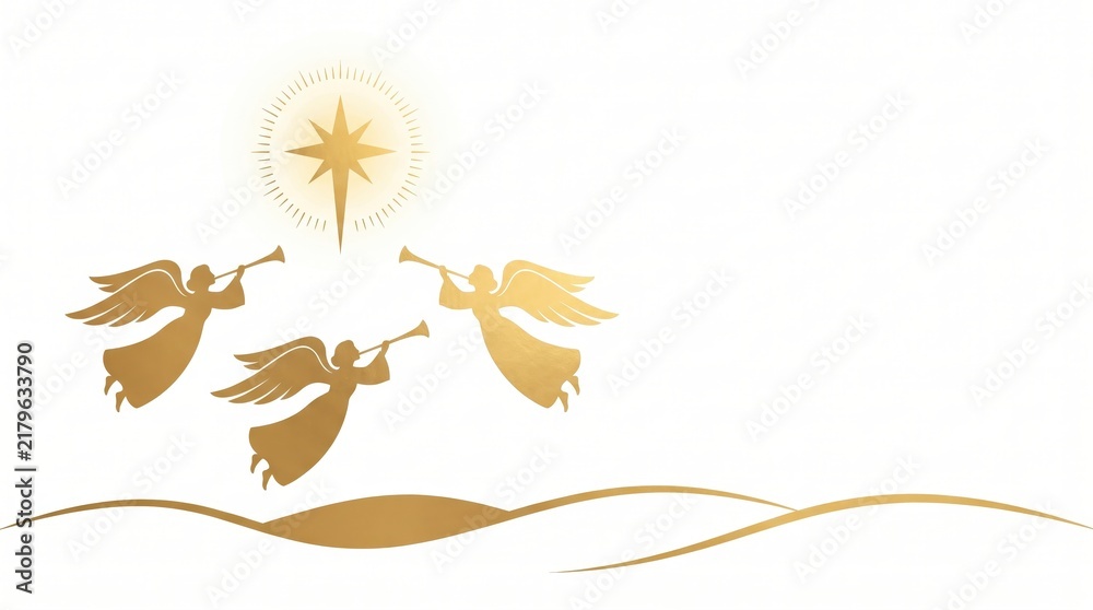 Fototapeta premium golden angels blowing trumpets flying towards shining star. christmas and new year celebration. winter holiday decoration. greeting card, banner, website header with copyspace.
