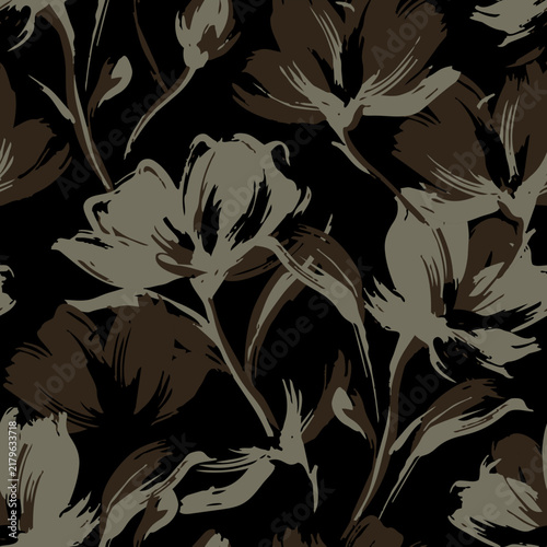 Seamless floral pattern with painted Halimium rock rose blossoms on a dark background for fabric prints, luxury packaging, and boutique wallpapers.