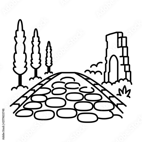 Photography Minimal doodle icon showing a historic countryside road bordered by tall cypress trees, ancient structures, and distant landscape details