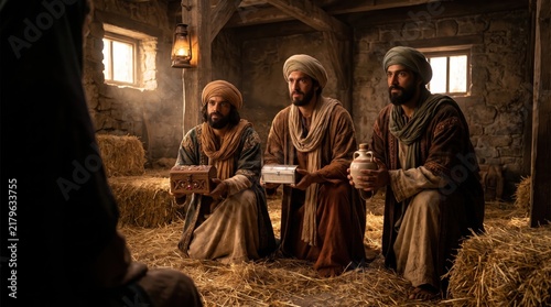 three wise men kneeling with gifts in stable. middle eastern magi holding gold, frankincense, myrrh. christmas nativity scene, christian religion biblical story. banner, website header design.