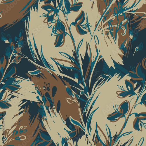 Seamless botanical pattern with abstract brushstrokes and painterly Genista flowers in teal, beige, and brown tones for textile and decor print.