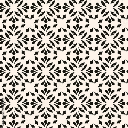 Monochrome floral seamless vector pattern with geometric ornament. Ideal for fabric print, packaging, luxury wallpaper, and minimalist design.