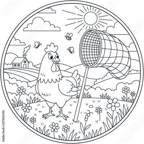 Cute Chicken Catching Butterflies with a Large Net in a Sunny Countryside Meadow, Adorable Farm Animal Nature Scene with Flowers for Kids Coloring Page