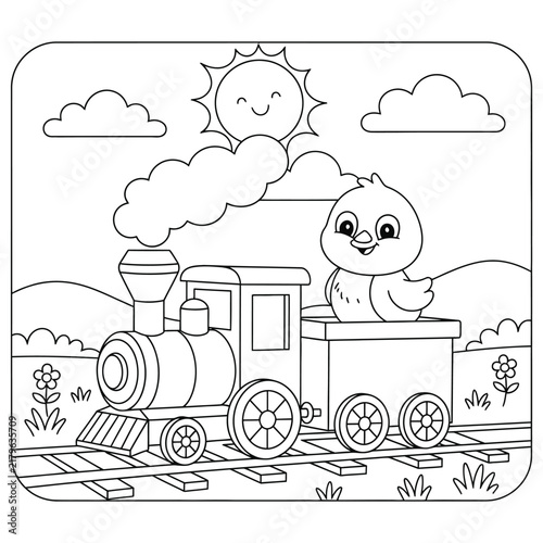 Cute Cartoon Bunny Riding a Vintage Train, Children’s Coloring Page with Sun, Clouds, Flowers and Countryside Landscape