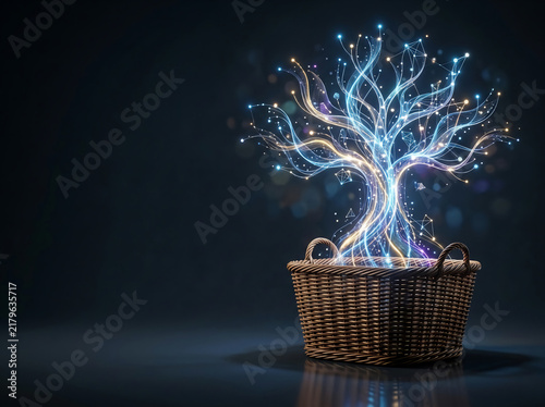 glowing digital neural network tree growing from a wicker basket